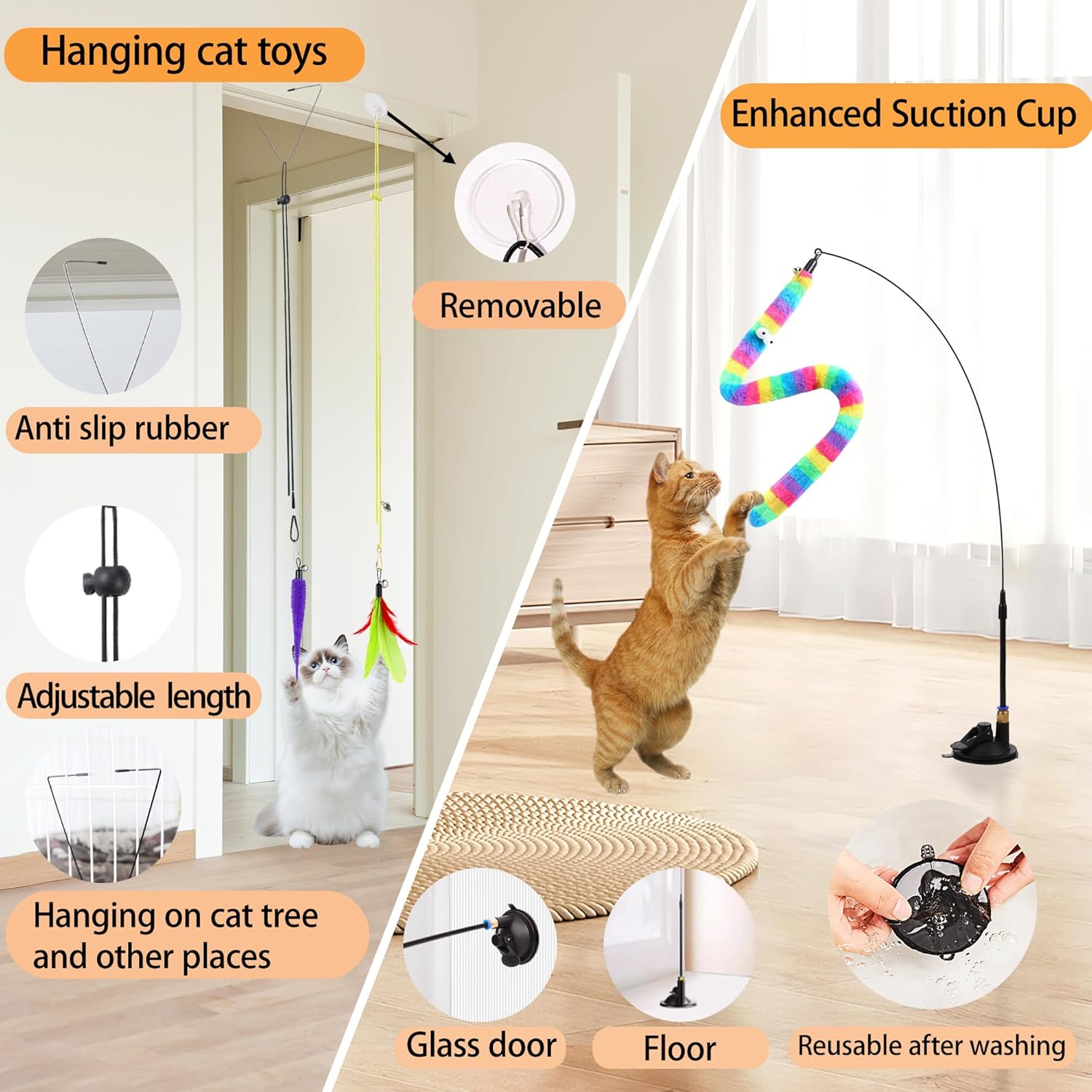 Soarer 4-in-1 Interactive Cat Feather Toy Set – Wand Toy with Suction Cup, Door Hanging String Toys & 12 Feather Refills for Indoor Cats & Kittens - Image 3