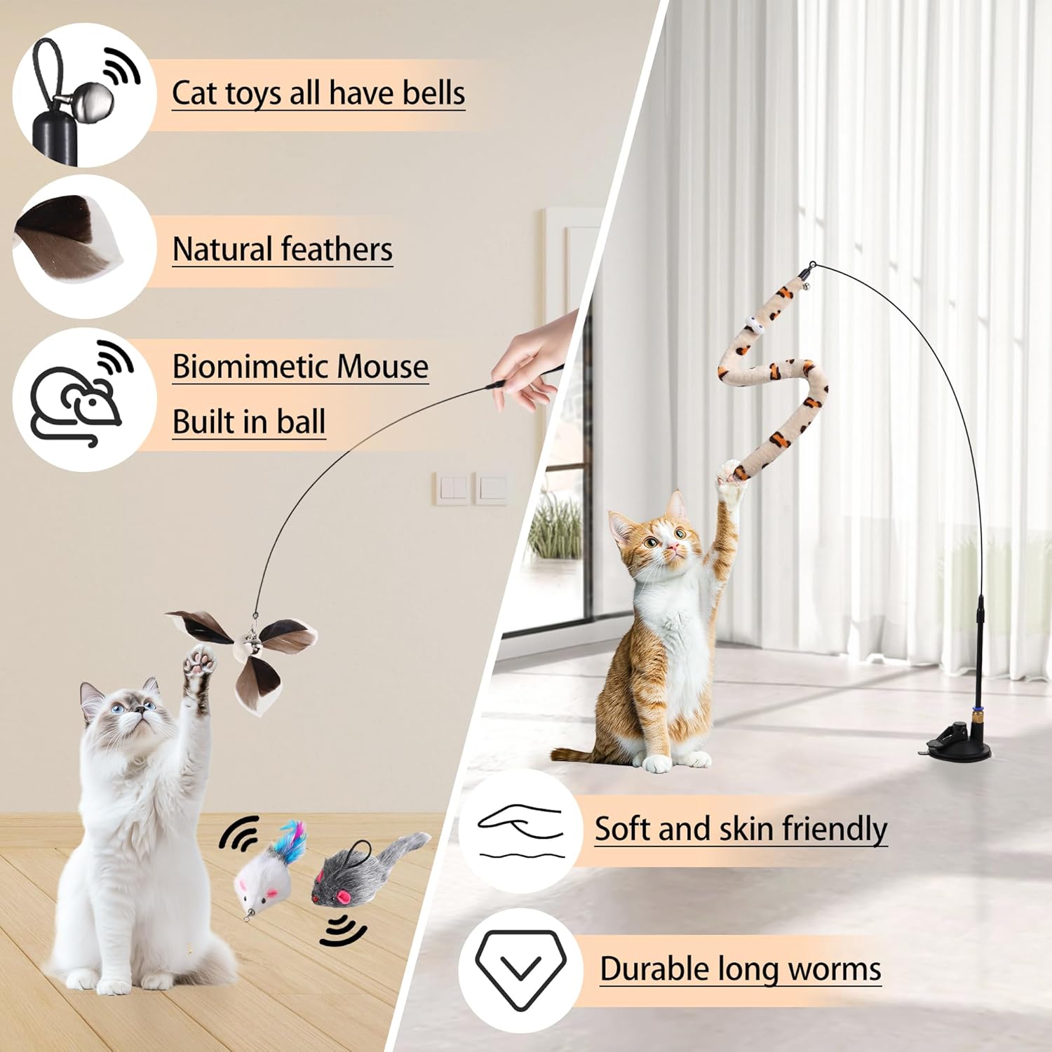 Soarer 4-in-1 Interactive Cat Feather Toy Set – Wand Toy with Suction Cup, Door Hanging String Toys & 12 Feather Refills for Indoor Cats & Kittens - Image 4