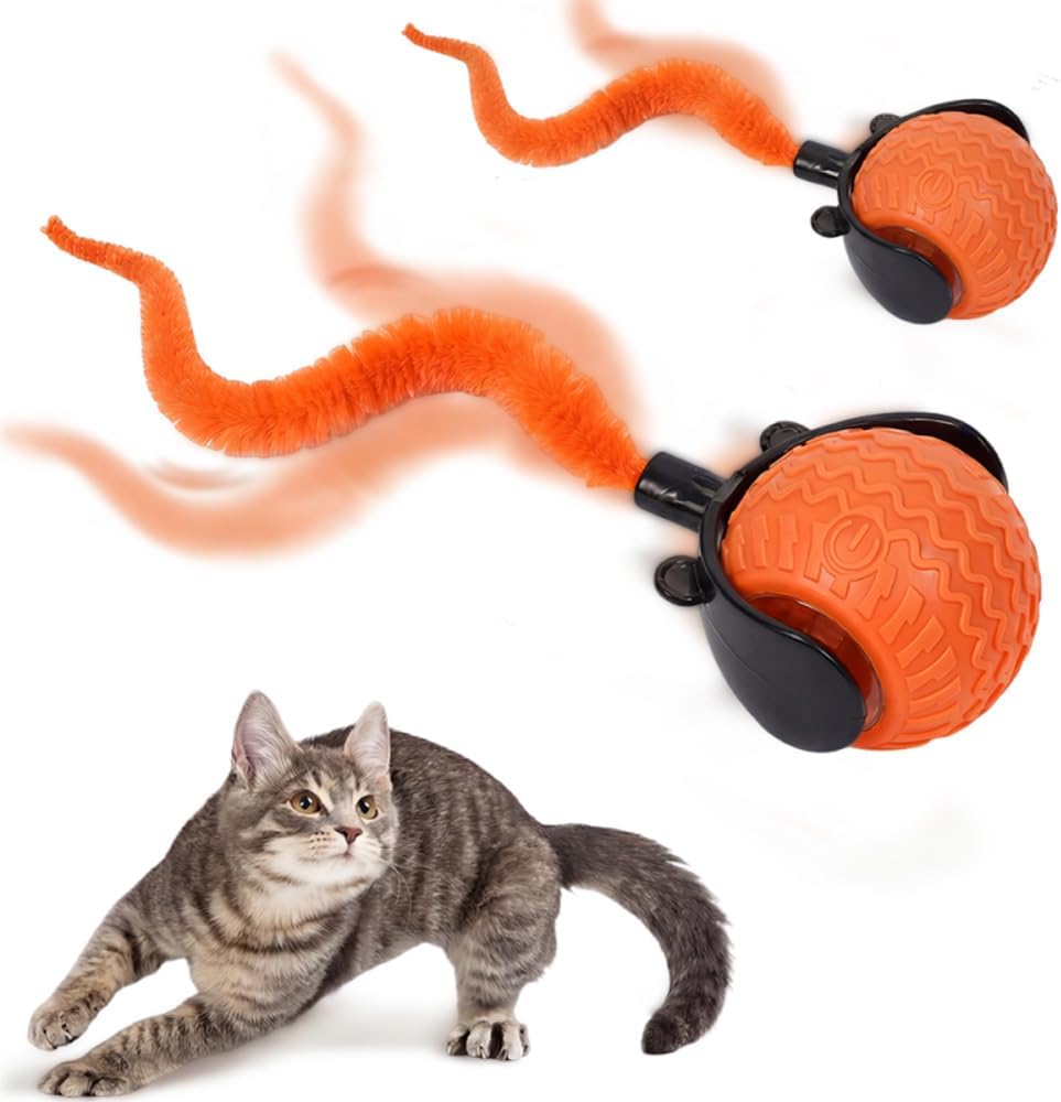 Automatic Moving Cat Toy Ball – Interactive Rechargeable Feather Tail Toy for Indoor Cats (2 Pack Orange)