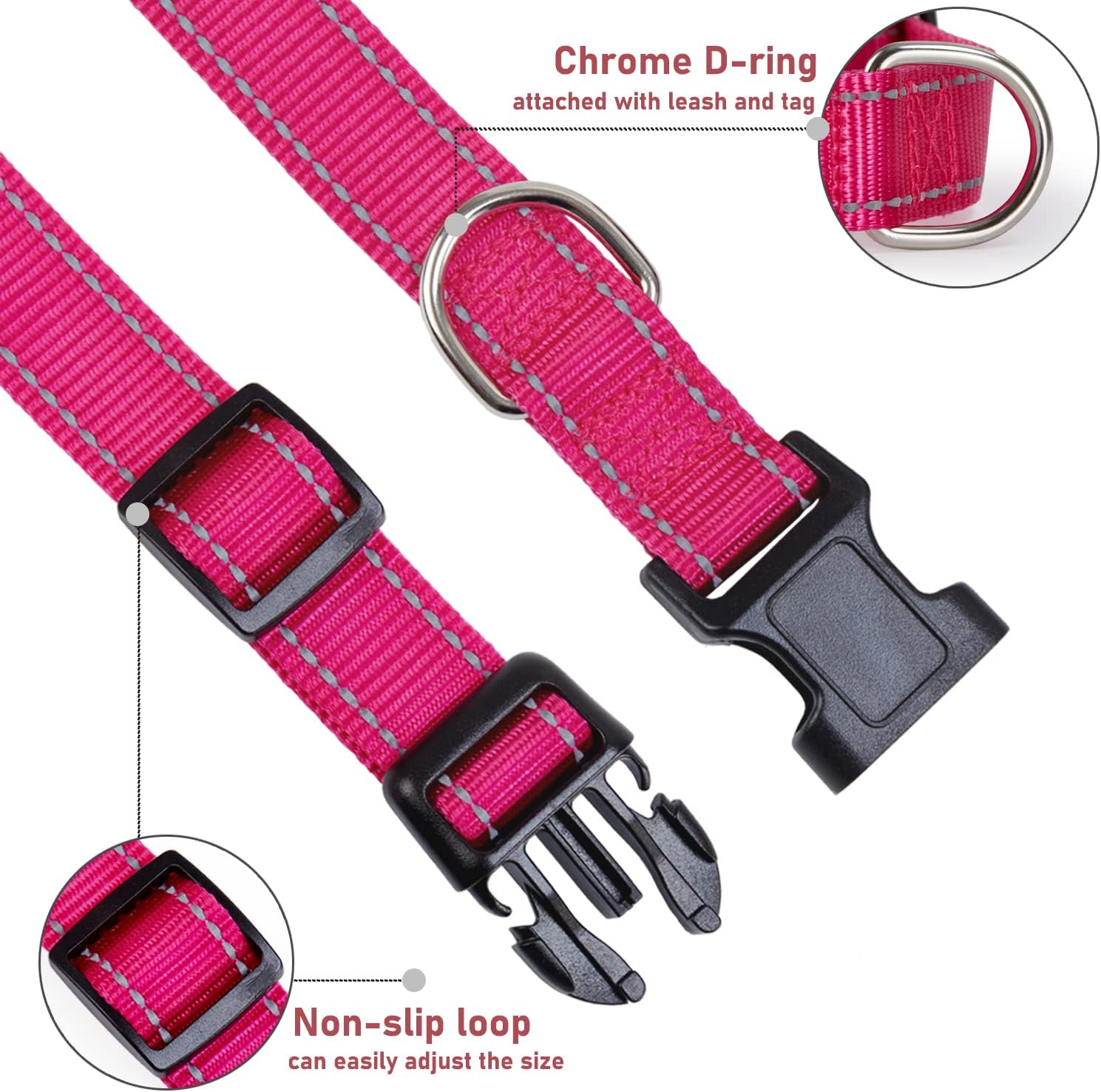 Reflective Dog Collar for Night Safety – Adjustable Padded Nylon Collar for Small Dogs, Hot Pink - Image 3