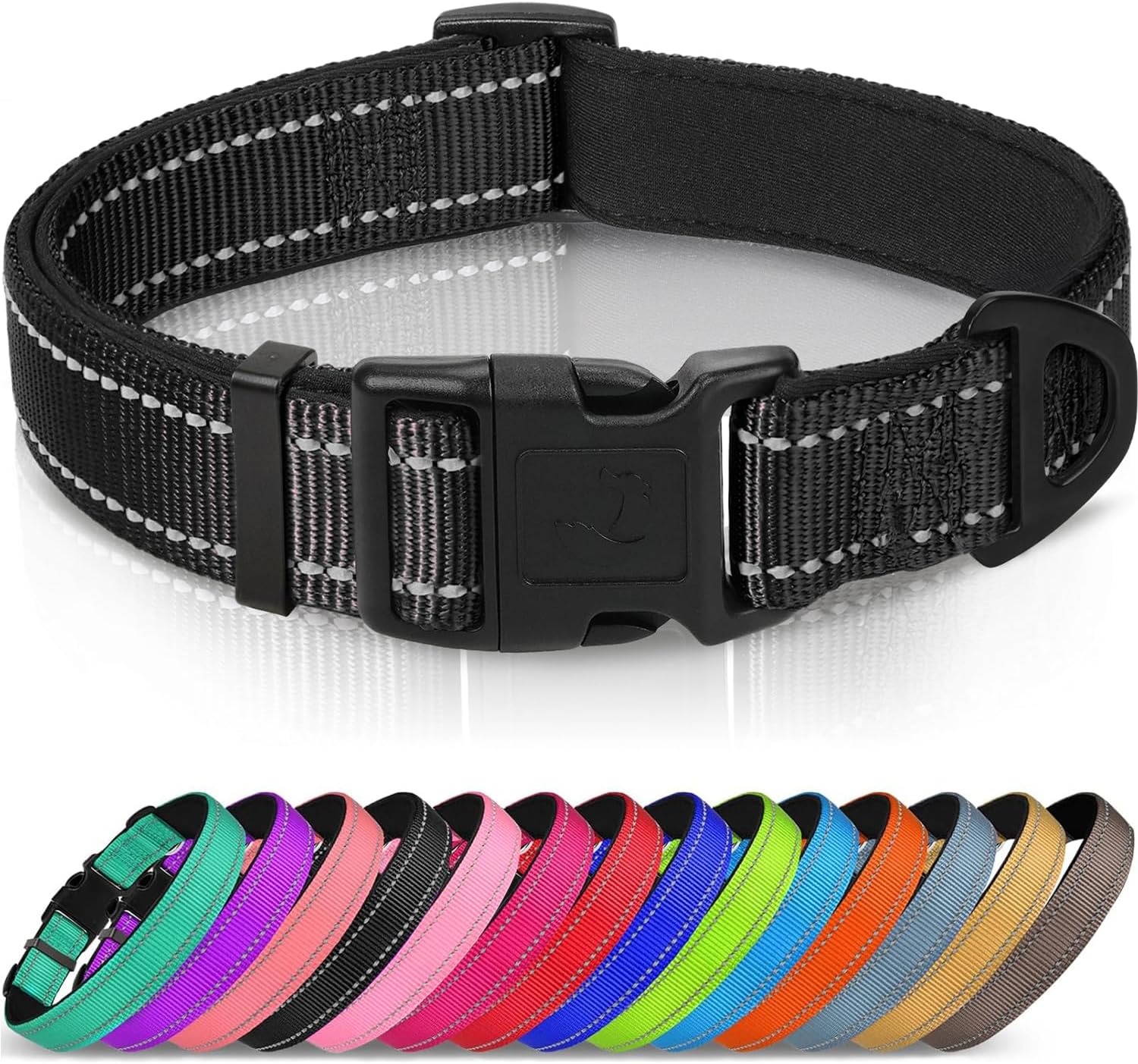Joytale Reflective Dog Collar – Neoprene Padded Adjustable Nylon Collar with Metal D-Ring for Large Dogs, Black