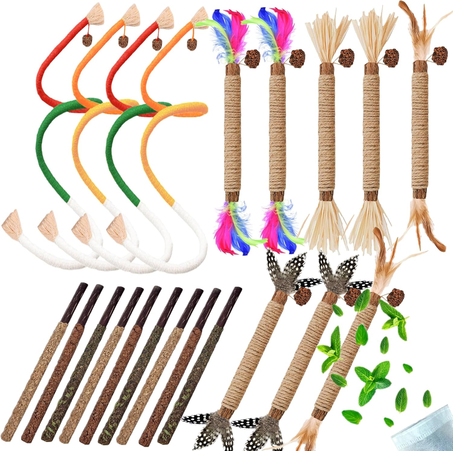 21 Pack Catnip & Silvervine Cat Toys Set – Chew Sticks, Feather Toys & Dental Play Toys for Indoor Cats & Kittens