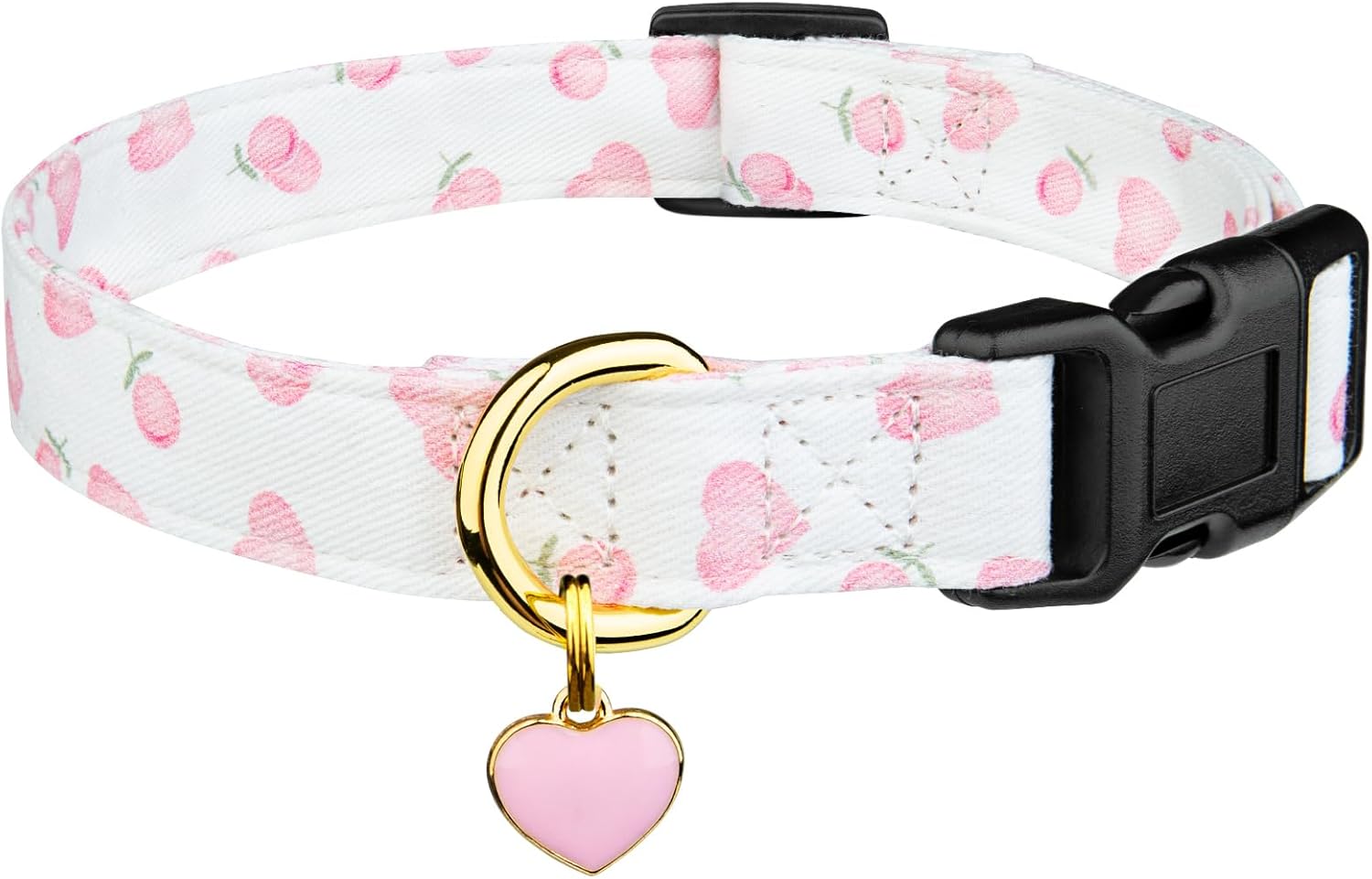 Handmade Cotton Dog Collar – Pink & White Heart Pattern Collar with Pendant for Small Dogs