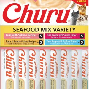 INABA Churu Cat Treats, Grain-Free, Lickable, Squeezable Creamy Purée Cat Treat/Topper with Vitamin E & Taurine, 0.5 Ounces Each Tube, 20 Tubes, Seafood Variety Box