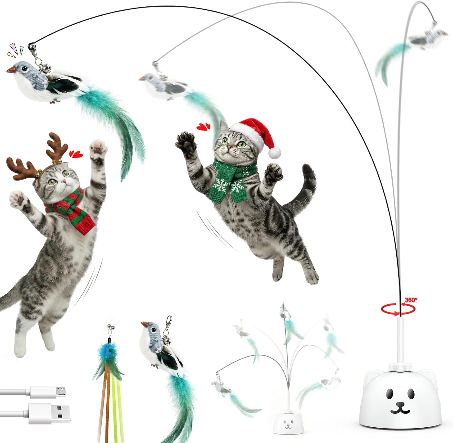 360° Automatic Interactive Cat Toy – Spinning Flying Bird Feather Wand with Suction Cup, USB Rechargeable for Indoor Cats & Kittens