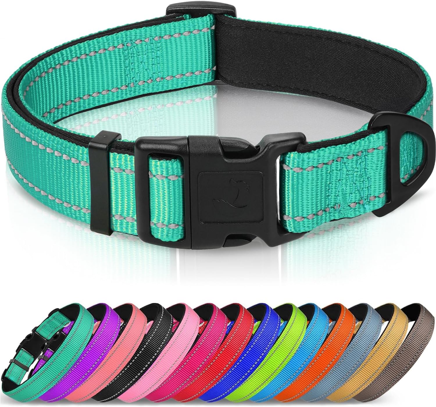 Reflective Dog Collar for Night Safety, Padded Nylon, Large Teal
