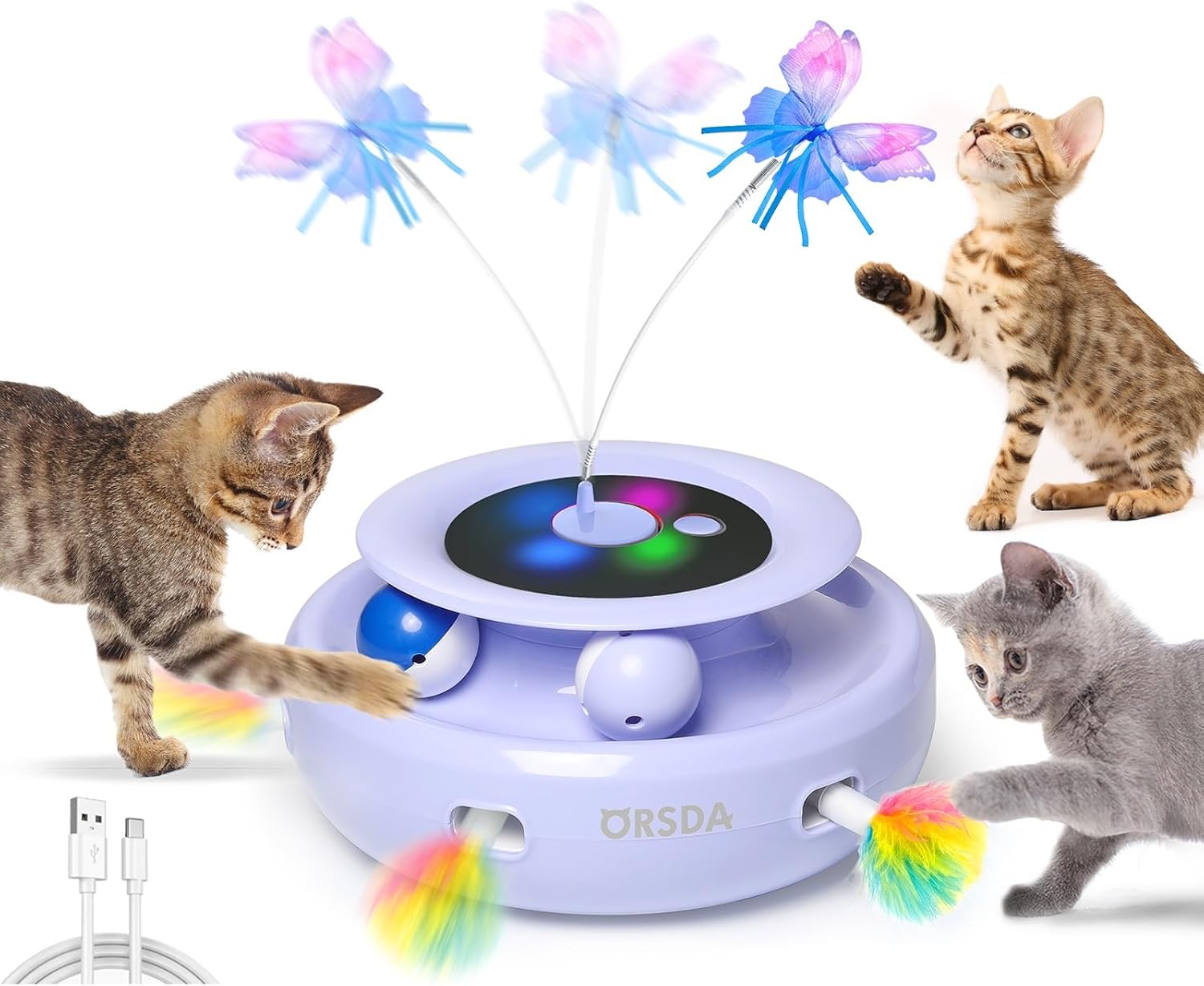 ORSDA 3-in-1 Automatic Interactive Cat Toy – Moving Feather, Fluttering Butterfly & Track Balls, USB Rechargeable Indoor Exercise Toy