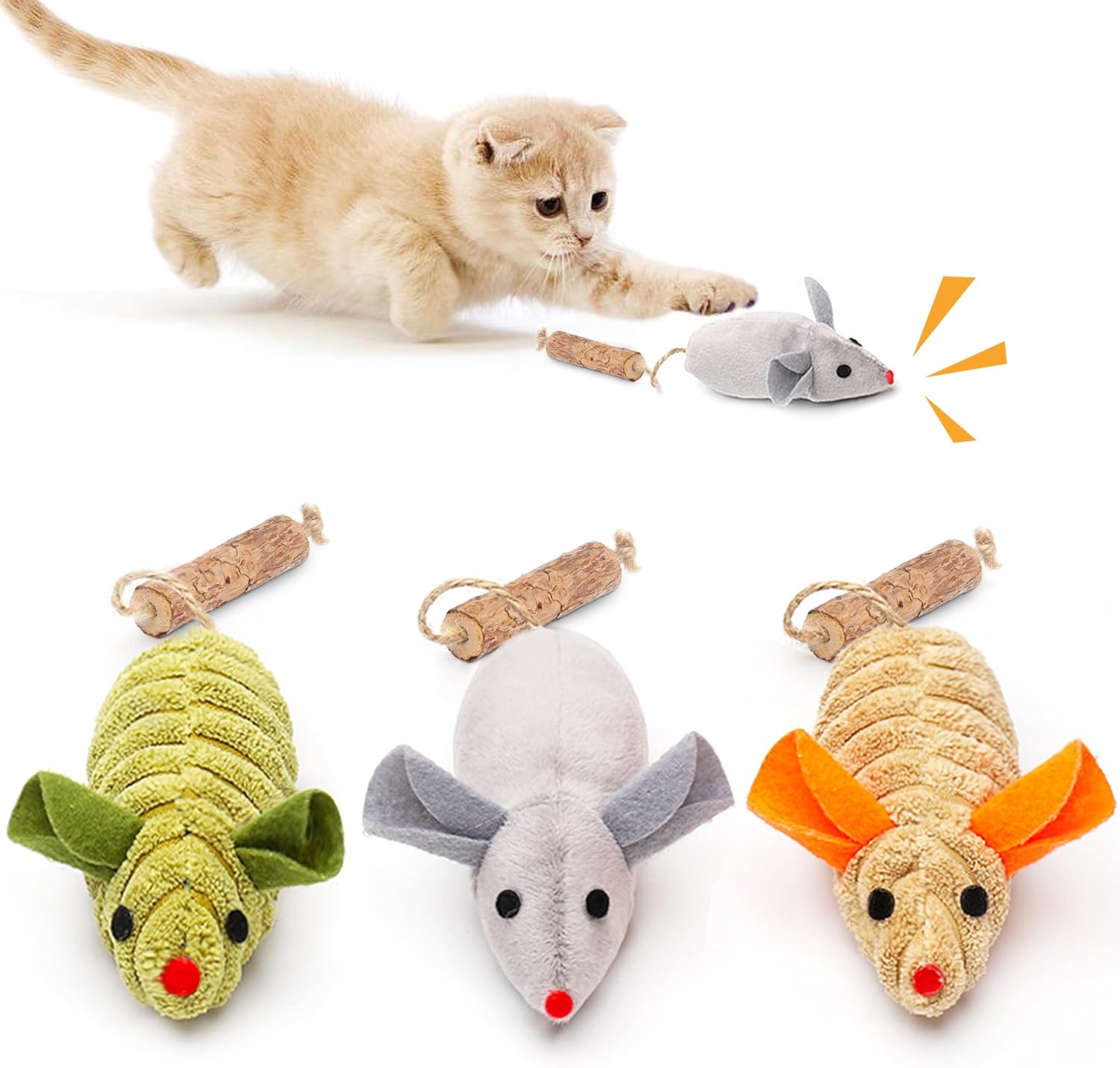 Potaroma Interactive Catnip Mice Toys – 3 Pack Silvervine Squeaky Chew Toys for Indoor Cats & Kittens