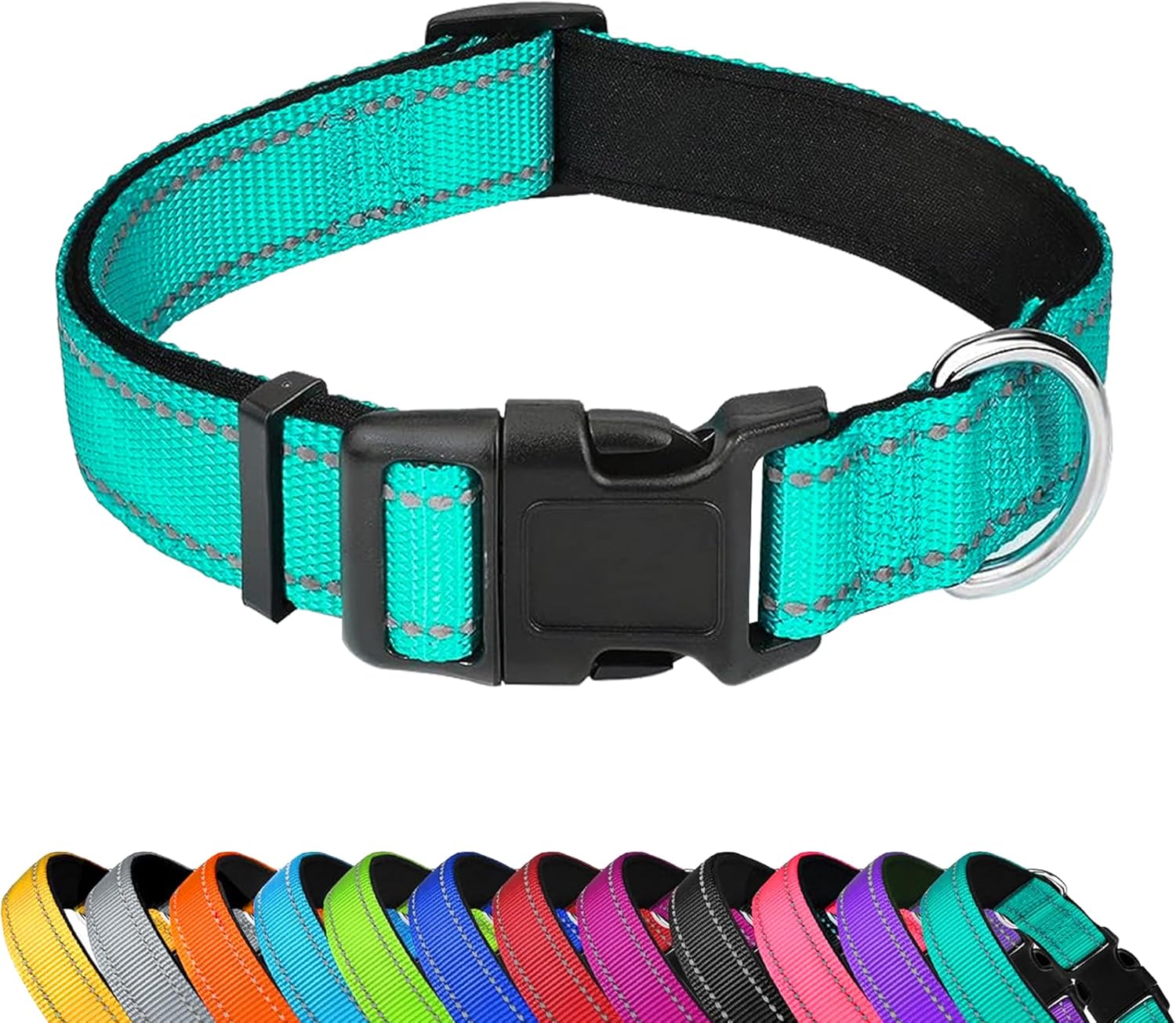 Reflective Dog Collar – Adjustable Neoprene Padded Nylon Collar with Buckle for Medium Dogs, Teal