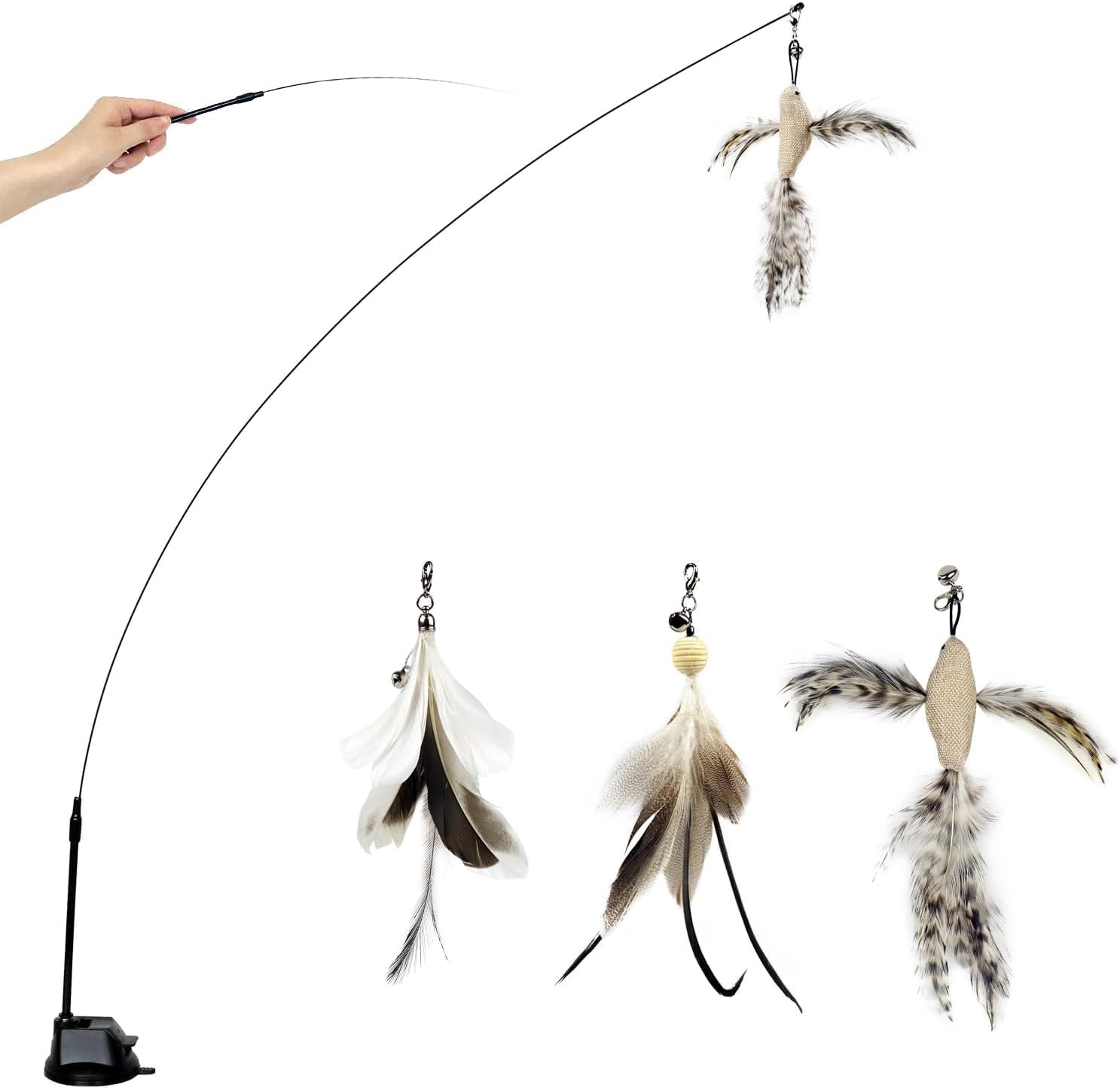 TTcat Cat Wand Toy with Suction Cup – Interactive Bird Simulation Teaser Set with Flexible Steel Wire & 3 Feather Refills with Bells
